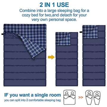 Cotton Flannel Double Sleeping Bag for Camping, Backpacking, Or Hiking. Queen Size 2 Person Waterproof Sleeping Bag for Adults Or Teens. Truck, Tent, Or Sleeping Pad, Lightweight（Pillows NOT Include