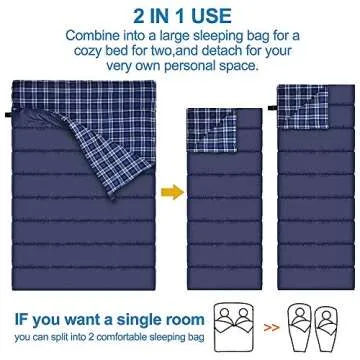 Cotton Flannel Double Sleeping Bag for Camping, Backpacking, Or Hiking. Queen Size 2 Person Waterproof Sleeping Bag for Adults Or Teens. Truck, Tent, Or Sleeping Pad, Lightweight（Pillows NOT Include