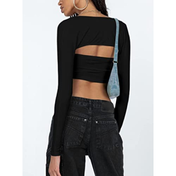 SOFIA'S CHOICE Bolero Top for Women Asymmetrical Hem Sexy Long Sleeve T Shirt Black Small