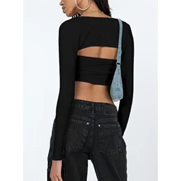 SOFIA'S CHOICE Bolero Top for Women Asymmetrical Hem Sexy Long Sleeve T Shirt Black Small