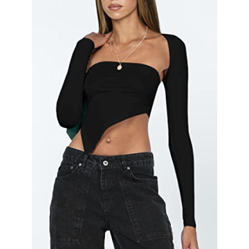 SOFIA'S CHOICE Bolero Top for Women Asymmetrical Hem Sexy Long Sleeve T Shirt Black Small