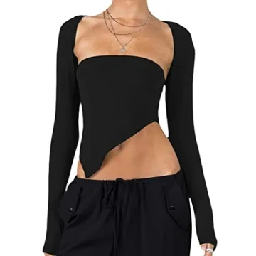 SOFIA'S CHOICE Bolero Top for Women Asymmetrical Hem Sexy Long Sleeve T Shirt Black Small