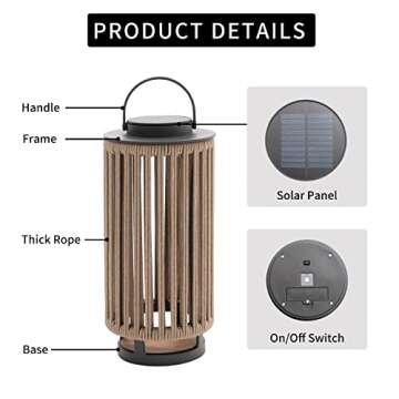 LebenLiebe Outdoor Solar Lights Patio Decorative Lanterns - Yellow Aluminum Braided Rope