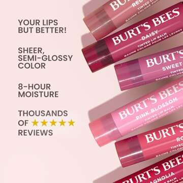 Burt's Bees Red Dahlia Tinted Lip Balm, Offers 8 Hours of Moisture for Dry Lips, Tinted Unflavored Lip Balm With a Hint of Color, Natural Origin Lip Care, 1 Tube, 0.15 oz.