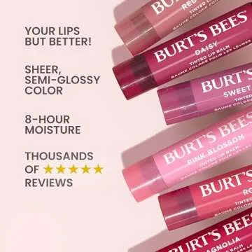 Burt's Bees Red Dahlia Tinted Lip Balm, Offers 8 Hours of Moisture for Dry Lips, Tinted Unflavored Lip Balm With a Hint of Color, Natural Origin Lip Care, 1 Tube, 0.15 oz.