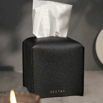 OLETHA Square Tissue Box Cover - Aesthetic Desk Decor for Room, Home & Office - Tissues Cube Boxes Holder - Black