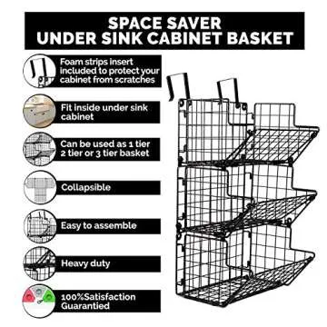 Under Sink Organizers and Storage Hanging Fruit Basket Inside Cabinet Metal Wire 3 Tier Organizer Kitchen Fruit Produce Bin Rack Baskets Fruit Stand Produce Storage Z Basket Collection (black) (black)