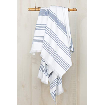 Sticky Toffee Bath Towel Turkish Towel 100% Cotton, Hammam White Towel, Soft and Absorbent Terry Backing, Oversized 65 in x 35 in, Navy
