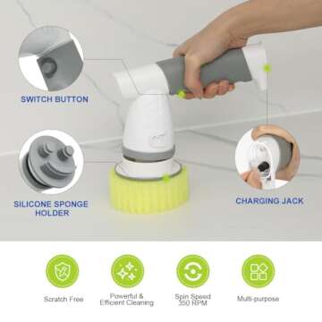 LANMU Power Scrubber Wand Handle Compatible with Scrub Daddy/Mommy Sponges, Electric Spin Scrubber with 5 Replaceable Cleaning Brush Heads for Sink, Stove, Window(Sponge Not Included)