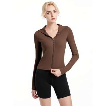 Abonlen Ribbed Hoodies for Women Lightweight Full Zip Up Jackets Long Sleeves Tops Fitted Cropped Sweatshirt(Dark Coffee,Small)