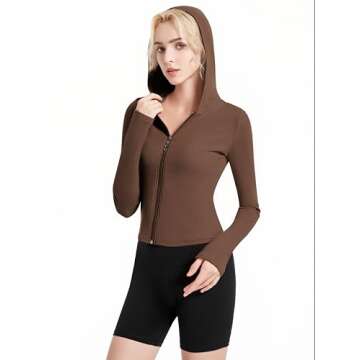 Abonlen Ribbed Hoodies for Women Lightweight Full Zip Up Jackets Long Sleeves Tops Fitted Cropped Sweatshirt(Dark Coffee,Small)