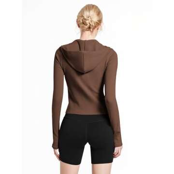 Abonlen Ribbed Hoodies for Women Lightweight Full Zip Up Jackets Long Sleeves Tops Fitted Cropped Sweatshirt(Dark Coffee,Small)