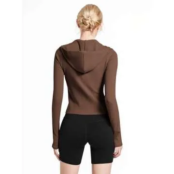Abonlen Ribbed Hoodies for Women Lightweight Full Zip Up Jackets Long Sleeves Tops Fitted Cropped Sweatshirt(Dark Coffee,Small)