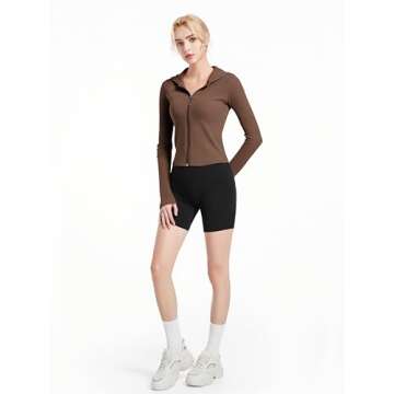 Abonlen Ribbed Hoodies for Women Lightweight Full Zip Up Jackets Long Sleeves Tops Fitted Cropped Sweatshirt(Dark Coffee,Small)