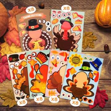 48 Sheets Thanksgiving Stickers for Kids, Make a Turkey Stickers DIY Thanksgiving Crafts Party Favors Supplies for Kids Classroom Thanksgiving Games Activities Fall Harvest Thanksgiving Decorations