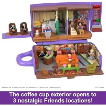 Polly Pocket Friends Compact Playset with 6 Character Dolls & 9 Accessories, Coffee Cup Exterior, Collectible Toy