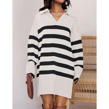 ZESICA Women's Long Sleeve Striped Sweater Dress for Fall Fashion