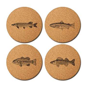 Fish Coasters (Set of 4) - Sustainable Absorbent Cork - Unique Gift for Guys - Car Coasters for Bass...