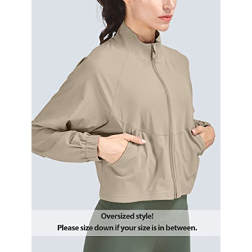 Vsaiddt UPF 50+ Workout Running Jackets for Women Long Sleeve Sun Protection Lightweight Cropped Athletic Zip Up Jacket (XS, Tan)
