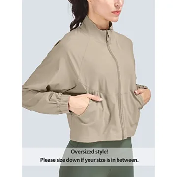 Vsaiddt UPF 50+ Workout Running Jackets for Women Long Sleeve Sun Protection Lightweight Cropped Athletic Zip Up Jacket (XS, Tan)