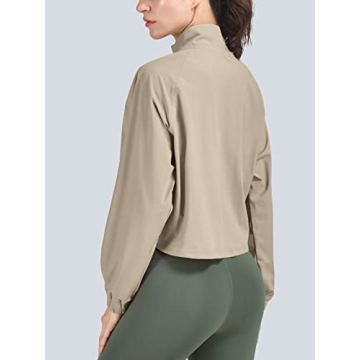 Vsaiddt UPF 50+ Workout Running Jackets for Women Long Sleeve Sun Protection Lightweight Cropped Athletic Zip Up Jacket (XS, Tan)