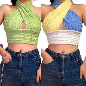 Sexy Criss Cross Halter Neck Crop Top with Backless Design in Green M