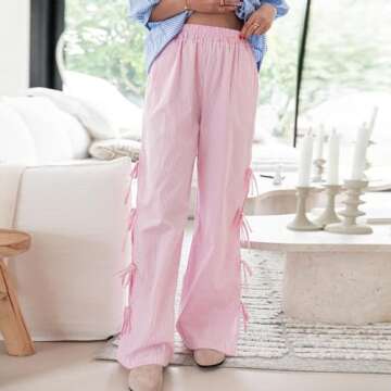 Owl's-Yard Women Y2K Gingham Print Pants Elastic Waist Dreawstring Wide Leg Trousers Side Tie-up Cas...