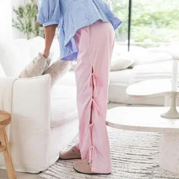 Owl's-Yard Women Y2K Gingham Print Pants Elastic Waist Dreawstring Wide Leg Trousers Side Tie-up Casual Lounge Pants