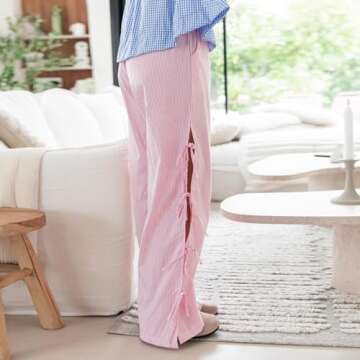 Owl's-Yard Women Y2K Gingham Print Pants Elastic Waist Dreawstring Wide Leg Trousers Side Tie-up Casual Lounge Pants