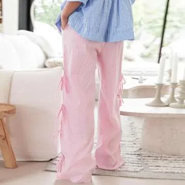 Owl's-Yard Women Y2K Gingham Print Pants Elastic Waist Dreawstring Wide Leg Trousers Side Tie-up Casual Lounge Pants