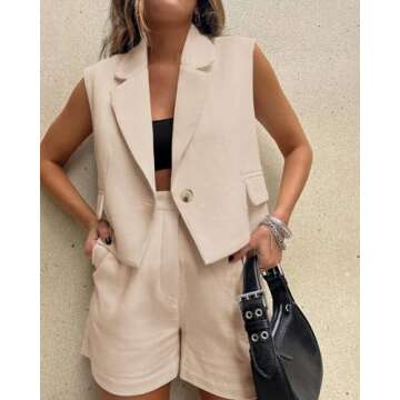 KIRUNDO Womens Suits 2 Piece Set Sleeveless Crop Vest Blazer and Pocketed Shorts Matching Sets 2025 Casual Tank Tops and Shorts Trendy Summer Outfits(Beige, X-Small)