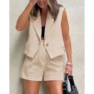 KIRUNDO Womens Suits 2 Piece Set Sleeveless Crop Vest Blazer and Pocketed Shorts Matching Sets 2025 Casual Tank Tops and Shorts Trendy Summer Outfits(Beige, X-Small)