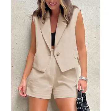 KIRUNDO Womens Suits 2 Piece Set Sleeveless Crop Vest Blazer and Pocketed Shorts Matching Sets 2025 Casual Tank Tops and Shorts Trendy Summer Outfits(Beige, X-Small)