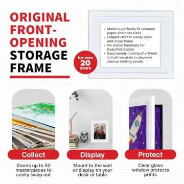Dynamic Frames Li’l Davinci Art Cabinet, Stores up to 50 Pieces of 9x12 inch Art, Outer Wooden Frame Dimensions 11.75 x 14.75 inches, Kids Art Frame, Front Opening, Universal Hanging, White