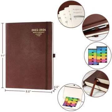 Planner 2025-2026 - JUL 2025 - JUN 2026, Academic Planner 2025-2026, Weekly and Monthly Planner, Leather Cover Calendar Planner with Thick Paper, Back Pocket with Notes Pages, Brown (8.5" x 11")