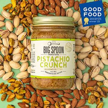 Big Spoon Roasters Almond & Pistachio Butter w/Raw Honey & Sea Salt - Keto Friendly, Low Sugar Almond Butter - Crunchy Pistachio Butter w/Bee-Friendly Almonds - Gourmet, Vegan Nut Butter - 13 Ounces