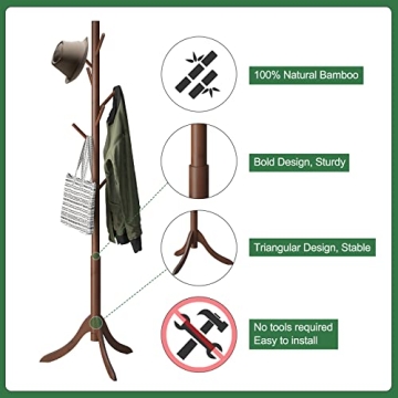 Stylish Bamboo Wood Coat Rack Stand with 6 Hooks