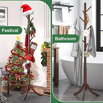 Stylish Bamboo Wood Coat Rack Stand with 6 Hooks
