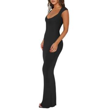 REORIA Women's Summer Casual Lounge Long Dress Elegant Wedding Guest Cap Sleeve Sexy Square V Neck R...