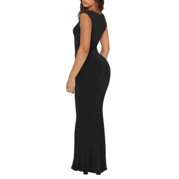 REORIA Women's Summer Casual Lounge Long Dress Elegant Wedding Guest Cap Sleeve Sexy Square V Neck Ribbed Bodycon Maxi Dresses Black Medium