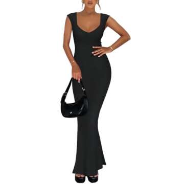 REORIA Women's Summer Casual Lounge Long Dress Elegant Wedding Guest Cap Sleeve Sexy Square V Neck Ribbed Bodycon Maxi Dresses Black Medium