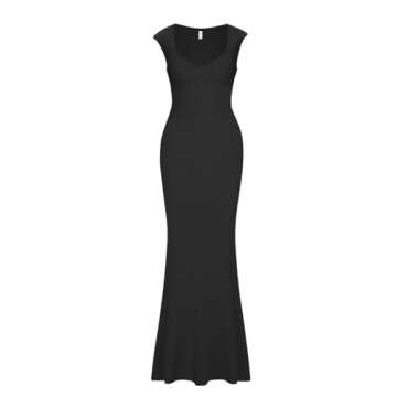 REORIA Women's Summer Casual Lounge Long Dress Elegant Wedding Guest Cap Sleeve Sexy Square V Neck Ribbed Bodycon Maxi Dresses Black Medium