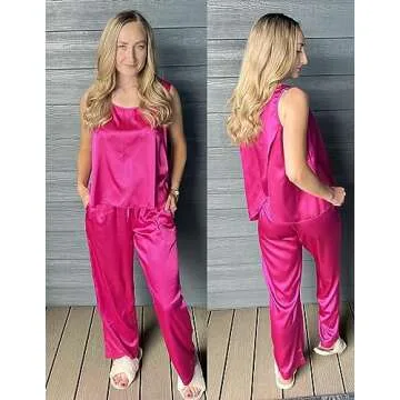 Ekouaer Satin Pajamas Set for Stylish Comfort in Hot Pink