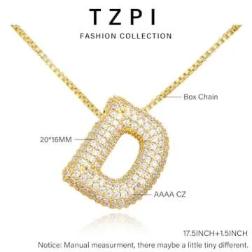 TZPI 18K Bubble Letter Necklace Gold for Women, Initial Necklaces Rhinestone Chunky Bubble Letter Necklace for Her, Charm Puff Name Pendant Alphabet Necklaces Non Tarnish Gold Plated Jewelry