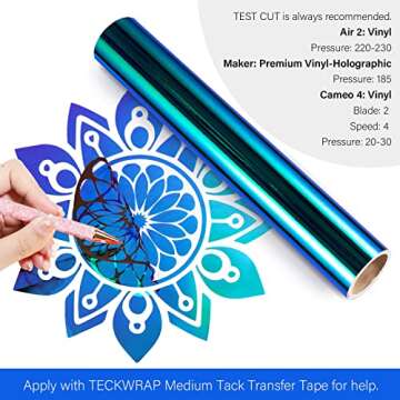 TECKWRAP Holographic Chrome Craft Vinyl 12" x 60", Peacock Blue- Permanent Adhesive Vinyl, Indoor & ...