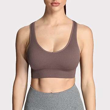 Aoxjox Women's Workout Ribbed Seamless Sports Bras Fitness Running Yoga Crop Tank Top (Cocoa Brown, Medium)