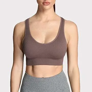 Aoxjox Women's Workout Ribbed Seamless Sports Bras Fitness Running Yoga Crop Tank Top (Cocoa Brown, Medium)