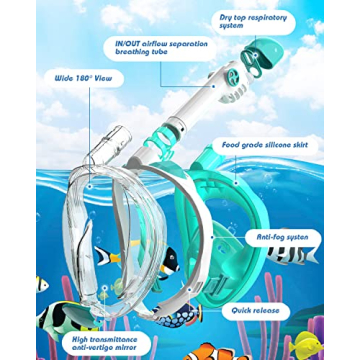 QingSong Kids Snorkel Mask Full Face, Snorkeling Set with Camera Mount, Foldable 180 Degree Panoramic View Snorkeling Gear Anti-Fog Anti-Leak