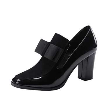 Women's Block High Heel Pumps Patent Leather Black Bowknot Slip On Round Toe Fashion Concise Casual ...