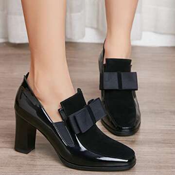 Women's Block High Heel Pumps Patent Leather Black Bowknot Slip On Round Toe Fashion Concise Casual Office Shoes(Black,Size9)